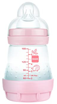 MAM Biberon anti-coliques, nouveau-né, 0-2 mois, 160 ml, avec tétine 1 flux lent en silicone, facile à accepter, auto-stérilisable Easy Start Anti-Colic, Violette, lot de 1 unité