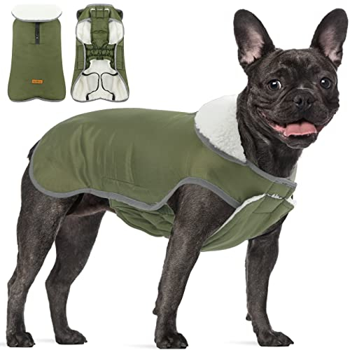wasserdichte Winter Fleece Warme Jacke Hundemantel, Hundejacke Französische Bulldogge Winter, Hunderegenmantel mit bauchschutz, Hundepullover für Mittelere Hunde, ArmyGreen L