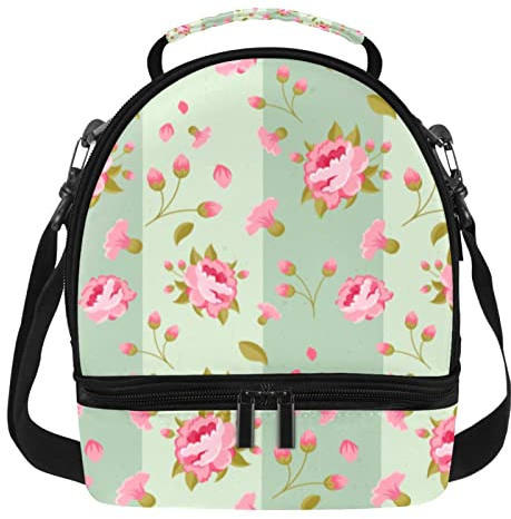 Lonchera térmica de doble piso con diseño de flores vintage Peony-02