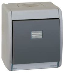 SIMON - Interruptor Conmutador de superficie, Serie Simon 44 Aqua, 230V 10A, Interruptor Táctil de Pared, Apto para Exteriores, Fácil de Instalar, Incluye Caja, Tapa y Mecanismo, Color Gris