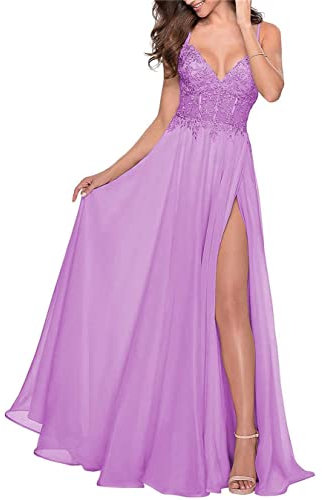 Vestido largo de gasa para dama de honor, con apliques de encaje, vestido de noche formal con abertura para mujer, Lila, 40