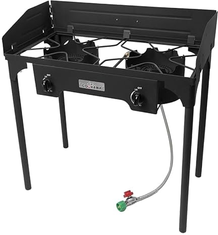 COOKAMP High Pressure Double Propane Burner Outdoor Camping Stove with Windscreen and 0-20 PSI Adjustable Regulator and Steel Braided Hose SA2510