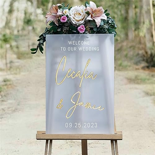 Condlin Panneau de bienvenue personnalisé en acrylique – Rustique, doré et blanc, 30,5 x 45,7 cm – Parfait pour les mariages, les fêtes prénuptiales et plus encore