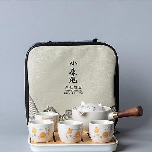 Scizorito Juego de té de viaje de cerámica, juego de té kungfu chino con tetera de rotación 360 e infusor, 4 tazas de té, bandeja de té y bolsa de viaje (Lucky Cat)