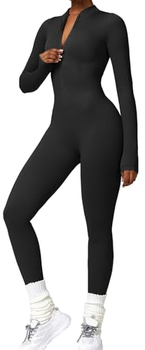 Xunerloy Damen Sport Jumpsuit Lang Eng Yoga Overall Langarm V-Ausschnitt Gerippte Playsuits mit Reißverschluss Jogging Strampler Hosenanzug Trainingsanzug Schwarz M