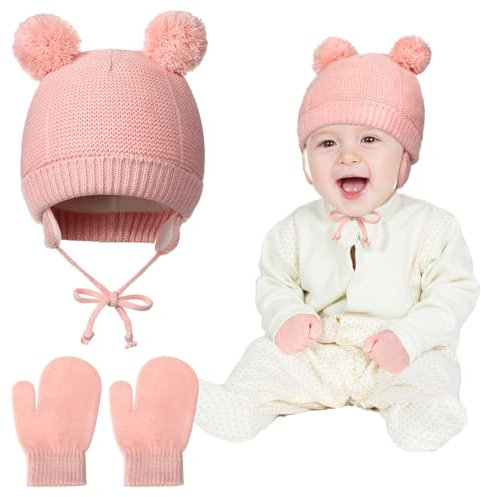 Neer 2 Pezzi Set di Guanti e Berretto Invernale da Bambino Set di Cappello e Guanti in Maglia Caldo per Neonato (Rosa)