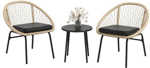 Outsunny 3-TLG. Rattan Gartenmöbel-Set, Balkonmöbel-Set mit Couchtisch, 2 Stühlen, Sitzgarnitur mit Kissen, Gartensitzgruppe für Balkon, Terrasse, Polyester, Gelb