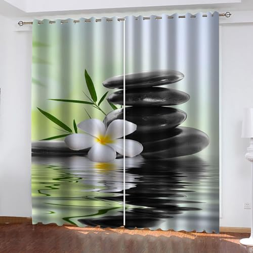 MELABE Zen-Stein Vorhänge, Weiße Blume 3D Gardinen Wohnzimmer Drucken Verdunkelungsvorhänge, Vorhang Blickdicht mit Ösen Gardine Schlafzimmer Deko 2 x 58.5B x 137H cm