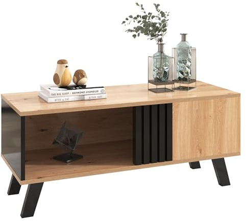 Merax Wohnzimmertisch, Couchtisch mit Stauraum, Kaffeetisch für Wohnzimmer, 100 x 60 x 45 cm, Holz und Schwarz