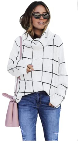 HEYPORK Damen Herbst Winter Warm Bequem Pullover Casual Mode Strickjacke Strickpullover Frauen Karierter Pullover Rollkragenpullover Karierter Strickpullover(Y Weiß, XL)