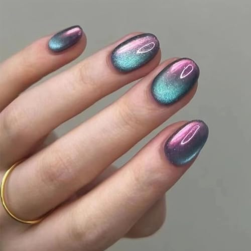 24Pcs Faux Ongles Amande Court Artificiels Ongles à Presser Oeil de Chat Coloré Français Ovale Ongles à Coller Acrylique Capsules Ongles Couverture Complète Glossy Press on Nails pour Femmes et Filles