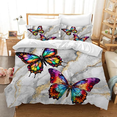 WZXGHE Bettwäsche Schmetterling 220x240,Weiche Kuschelige Weiß Bettbezug Schmetterlinge Set,mit Reißverschluss1 Bettbezug Und 2 Kissenbezüge 50x75 (Schmetterlinge-2, 220x240cm)