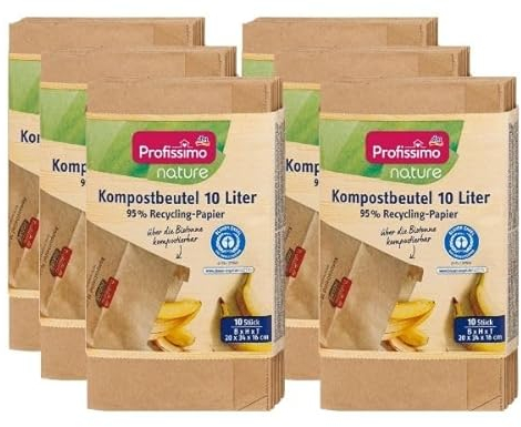 Profissimo Bio Kompost Beutel 10 Liter/ 6er Pack (6 x 10 Stück) - Kompostierbar und Umweltfreundlich aus 100% Altpapier, feuchtigkeitsabweisend