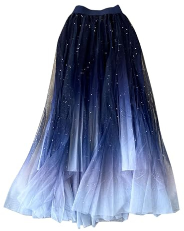 Damen Tüll Midi-Rock Sternenhimmel-Farbverlauf Mesh-Halbkörperrock A-Linie Fairy Elastische Hohe-Taille Faltenrock Paillettenrock Cocktail Prom Urlaub