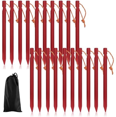 20 Stück Zelt Heringe, 18cm/7 Zeltheringe Sturmsicher Sandheringe Aluminium Heringe Zeltheringe Stabil Camping Heringe mit Seil Erdnägel Häringe für Camping Garten (Rot)