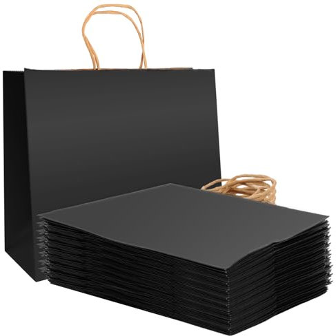 FWEEK 50 Stück Papiertüten mit Henkel, 32x11x25CM Groß Schwarz Geschenktüten, Kraftpapier Tüten Henkel Papiertragetaschen Papiertüten groß für Geburtstagsfeiern, Geschenke, Einkaufen, Einzelhandel