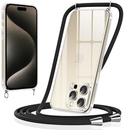 Xiltlly Handyband für iPhone 15 Pro Hülle mit Band, Handyhülle Weich TPU Silikon Transparent zum Umhängen Stoßfest mit Kordel Necklace Schnur Schutzhülle Bumper Case für iPhone 15Pro, Schwarz