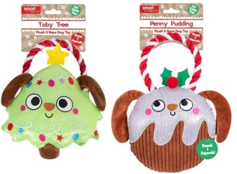 YöL Pack of 2 Christmas Pudding & Tree Pet Dog Puppy Toy Squeaker Chew Rope Tug of War Festive Stimulating Play Interactive