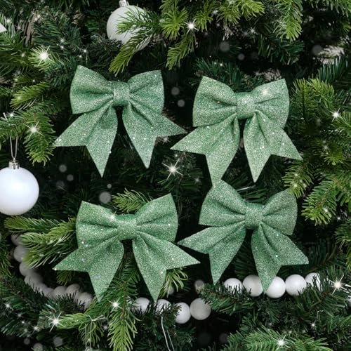 Melody Maison Set of 4 Sage Green Glitter Christmas Bows