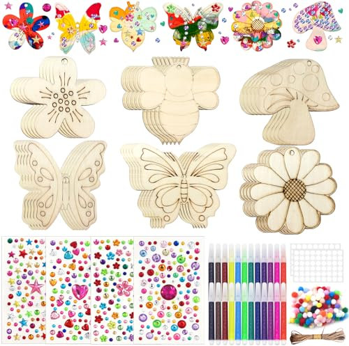 MoguGo 60 Stück Schmetterling Bastelsets Kinder Holz Blume DIY Basteln Kindergeburtstag mit Aquarellstift & Edelsteinaufkleber für DIY Geburtstag Basteln Deko