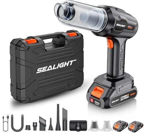SEALIGHT Aspirador de Mano, 21000PA Aspirador Coche Potente, Baterías Duales, 9 en 1 Aspirador sin Cable, USB Recargable LED (Nergo)