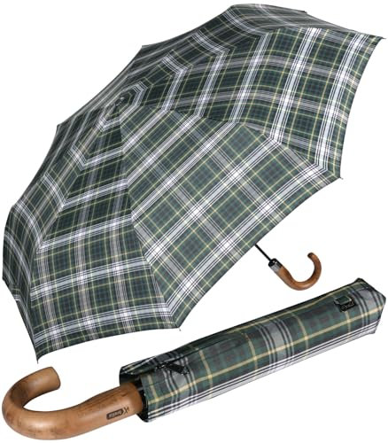iX-brella - Sombrilla XXL para hombre de 121 cm con mango de madera auténtica y cierre automático, Check Green, 121 cm