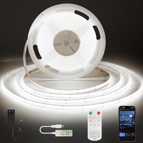 ACELUMO Ruban LED COB Blanc Froid, Bande LED 5m avec Smart App et Telecommande, Fonction Minuterie, largeur 8 mm, Ruban LED Dimmable pour Chambre, Mural, Cuisine, Salon, 6000K