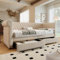 Queta Vintage Kopfteil Polsterbett Sofabett 90x200 cm, Schlafsofa Tagesbett mit 2 Stauraum Schubladen, Kinderbett Jugendbett Bettgestell mit Lattenrost aus Holz, Linen, Beige(Ohne Matratze)