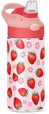 Sevdomey Red Strawberry Kids Water Bottle for Girls Boys, Stainless Steel Insulated Leakproof Water Bottle 350ml with Straw for School Nursery Travel Sports