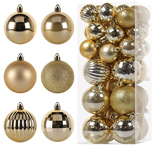 Faireach Christmas Balls Ornament 42Pcs,Shatterproof Christmas Tree Decorations with Hooks,6 Styles Hanging Ball Ornament for Holiday Wedding Holloween(Gold)