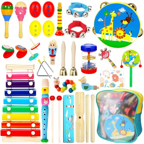ZUSUZU 34 Stück Musikinstrumente für Kinder,Musical Instruments Set,Percussion Instrumente,Holz Montessori Instrumente Trommel,Musikinstrumente Kinder Set