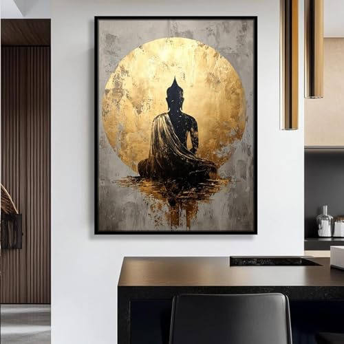 TONGYINLI Großes Buddha-Gemälde, minimalistisches Porträt-Wandbild | Goldener Buddha-Kopf-Druck, Poster, Kunstwerk für Wohnzimmerdekoration, 80 x 120 cm, rahmenlos