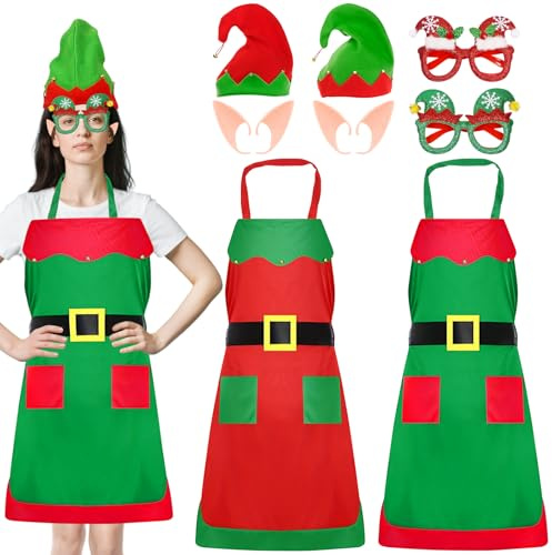 Weihnachtselfen Kostüm Damen, 8 Stück Weihnachtsschürze Damen Set mit Elfenmütze, Brillengestell, Ohren, Weihnachtself Kostüm Frauen Männer für Weihnachtsfeiern, Karneval, Cosplays, Maskeraden