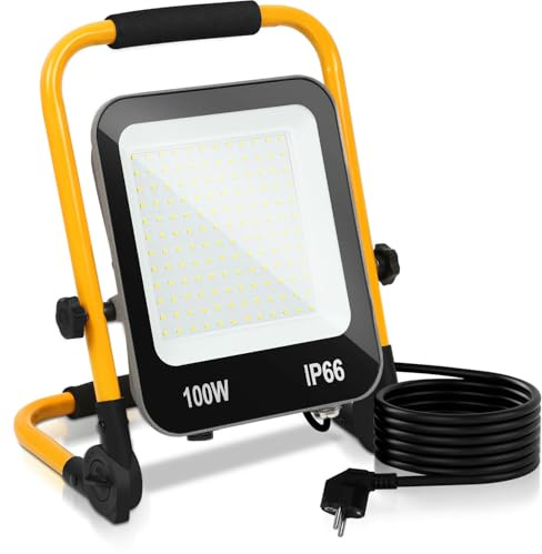 Monucep LED Baustrahler, 100W 10000LM LED Arbeitsleuchte, IP66 Wasserdicht Baustrahler mit 3M Kabel und Faltbarer Ständer, Tragbar Arbeitsscheinwerfer baulampe für Baustelle, Garage, 6000K