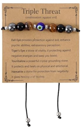 Mikovivi Bracelet de Protection Triple Menace Contre le Mauvais Œil, Bracelet Réglable en Pierre Naturelle Porte-Bonheur Contre le Mauvais Œil pour Soulager l'Anxiété Cadeaux pour Femmes et Hommes