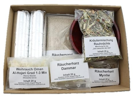Räucher Set „Rauhnächte“ – 10 TLG. – Kräutermischung Rauhnächte u. Weihrauch Oman Al Hojari, Myrrhe und Dammar - Räucherschale u. Zubehör – im Geschenkkarton mit Kartondeckel (Rote Schale)
