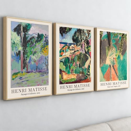 PWAAHDC Matisse Wandbilder Set mit Rahmen, Türkis Grün Abstrakte Poster 3er Set, Vintage Boho Wandkunst für Wohnzimmer Schlafzimmer, Gerahmte Bilder 40x60 cm