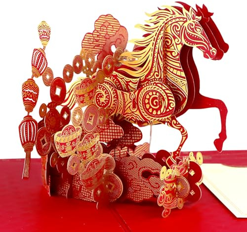 D24TIME 2026 Year of The Horse Chinese New Year Card, Unique 3D Pop Up Design – Handcrafted Spring Festival Lunar New Year Gifts for Family & Friends with Premium Envelope
