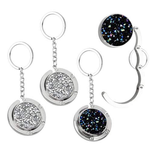 4 PCS Handbag Hook for Table, Foldable Purse Holder with Key Chain | Portable bag storage, folding section, lightweight, silver and black, for desk office, convenient, compact, practical