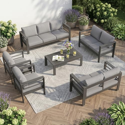 LANOX Gartenmoebel Set Aluminium Gartenlounge Set 9 Personen wetterfest Lounge Garten 3 Sitzer 2 Zweisitzer 2 Sessel Tisch 18 Kissen Balkon Terrasse grau