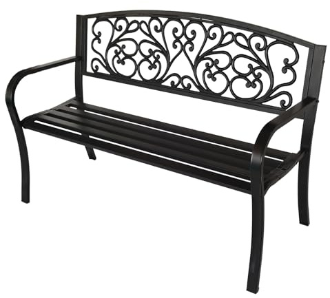 BIRCHTREE 125CM FULL METAL Garden Bench 3 Seater Outdoor Patio Seat with Armrest, Weather-Resistant Steel Frame & Decorative Cast Iron Backrest, Black, C080