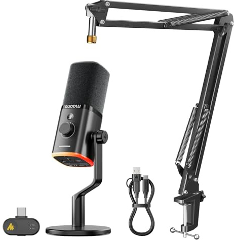 MAONO PD100W Wireless Gaming Microphone, 2.4GHz Wireless & USB Dynamic Mic with BA20 Mic Arm : Adjustable Metal Suspension Mic Boom Arm for Podcast Gaming Streaming Recording,with Desk Clamp and 3/8