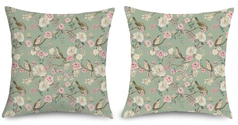Joymaison Kissenbezüge 45x45 2er Set Sommer Vintage Blume Salbeigrün Vögel | Deko Kissenhülle Frühling Modern Abstrakte Chinoiserie Aesthetic Floral Dekorative Kissenbezug Kissen für Couch Sofa