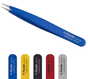 FAUDE Spitzpinzette fein und präzise für Splitter, Spreißel, Dornen und eingewachsene Haare. Edelstahl 10cm (blau)