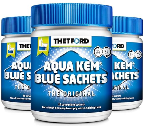 Thetford LOT 3 X Aqua KEM Blue SACHETS WC Chimique Entretien Caravane Toilettes Produit Adulte Unisexe, Bleu, Grand