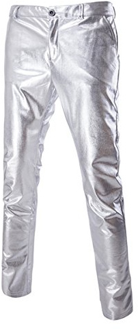 Sliktaa Men Metallic PU Leather Trousers Straight Club Pants,Silver,XXS