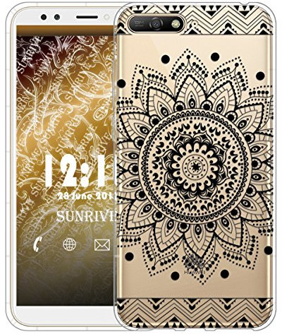 Sunrive Für Huawei Y6 2018 Hülle Silikon, Transparent Handyhülle Luftkissen Schutzhülle Etui Case für Huawei Y6 2018/Y6 Prime 2018 5,7 Zoll(TPU Blume Schwarze)+Gratis Universal Eingabestift