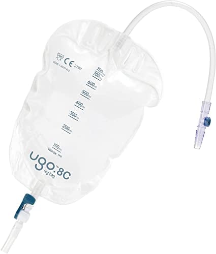 Ugo Sacche Gamba per Urina (x10) – Borsa per il drenaggio delle urine/per catetere, design naturale ergonomico (Pacchetto da 10) (Ugo 8C - 750ml, Tubo Lungo, Rubinetto A Leva)