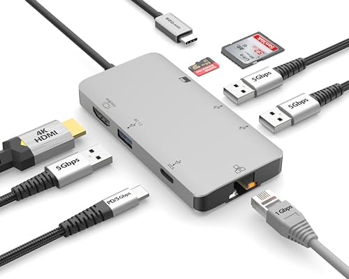 EZQuest USB-C Multimedia Hub Adapter 8 Anschlüsse (HDMI 4K 30Hz, 100W USB-C PD 3.0, Gigabit Ethernet, 3X USB 3.0, SD & Micro SD) für MacBook Air, MacBook Pro, XPS und mehr
