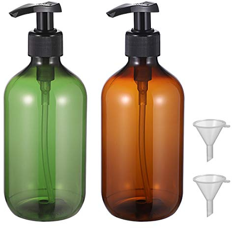 Lot de 2 flacons de shampooing Vide de 500 ML - Opaque - Polyvalent - Bouteille à Pompe - sans - Distributeur de pour Les Mains - avec 2 entonnoirs - Vert+Marron